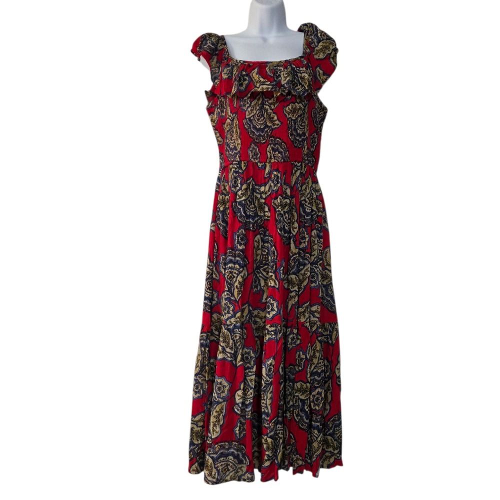 Band Of The Free Maxi‎ Dress Womens Red M Viscose Floral Smocked Off Shoulder